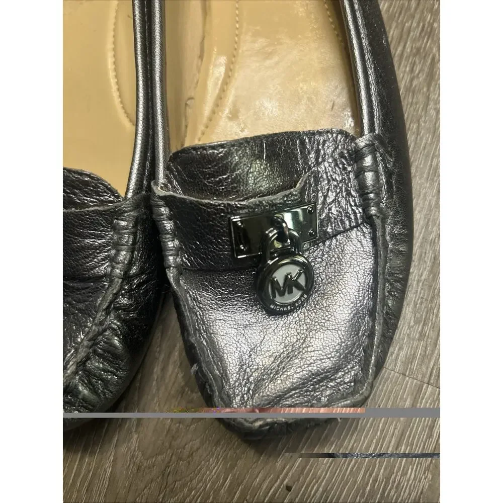 Michael Kors Silver Leather Loafer Flats Logo Accent Square Toe for Women Sz 7.5